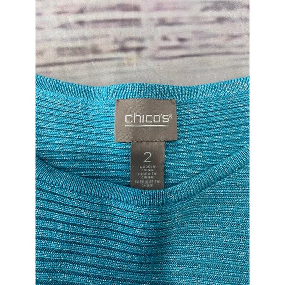 Chicos 2 Sweater Womens L Blue Metallic Shimmer Ribbed Knit 3/4 Sleeves Stretch - Picture 2 of 12